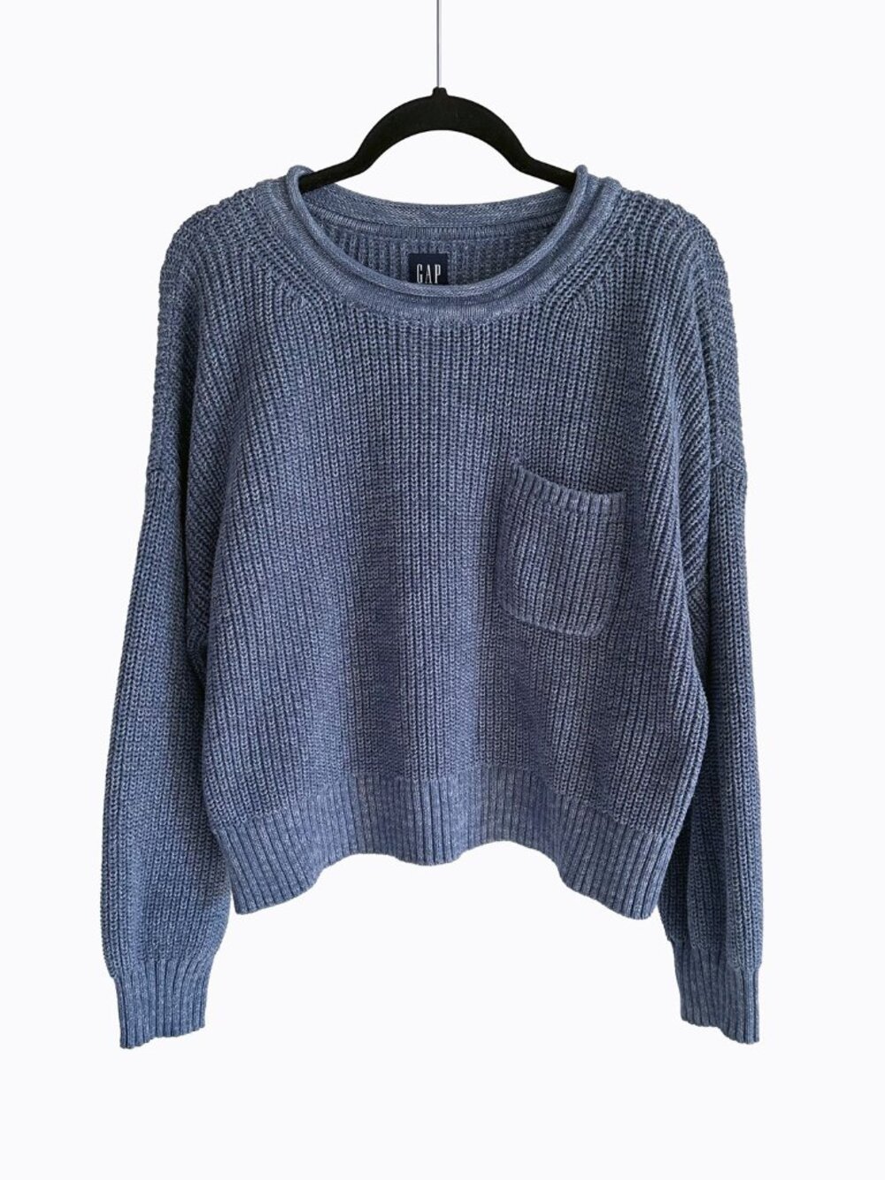 Gap Relaxed Shaker Pocket Cotton Sweater L Bainbridge Blue Chunky Knit Roll Neck